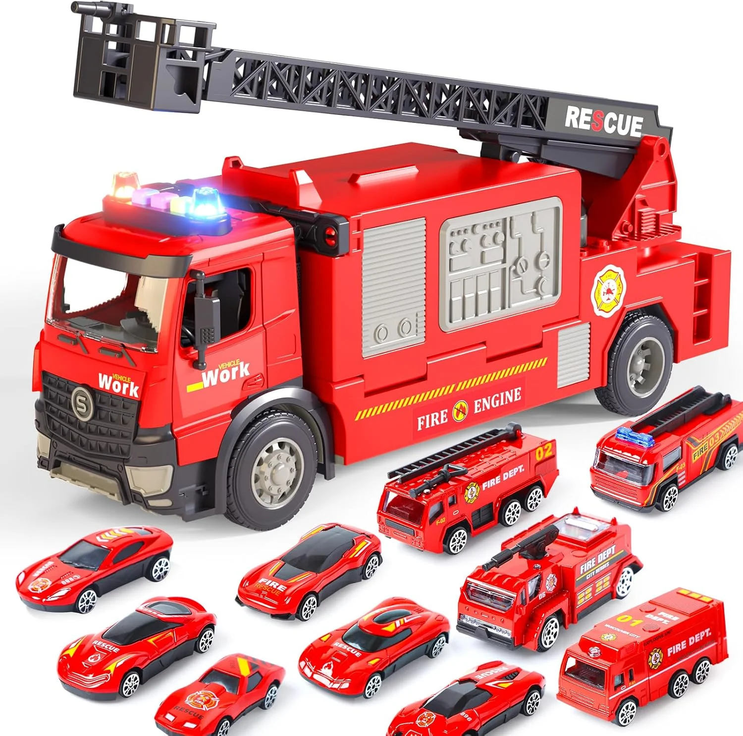 اسباب بازی ماشین آتش نشانی Skirfy برای کودکان، اسباب بازی 30 سانتی متری برای پسران، اسباب بازی های ماشین آتش نشانی اصطکاکی با صدا و نور شبیه سازی شده، نردبان، پمپ آب، هدیه تولد برای پسران 3-5 ساله