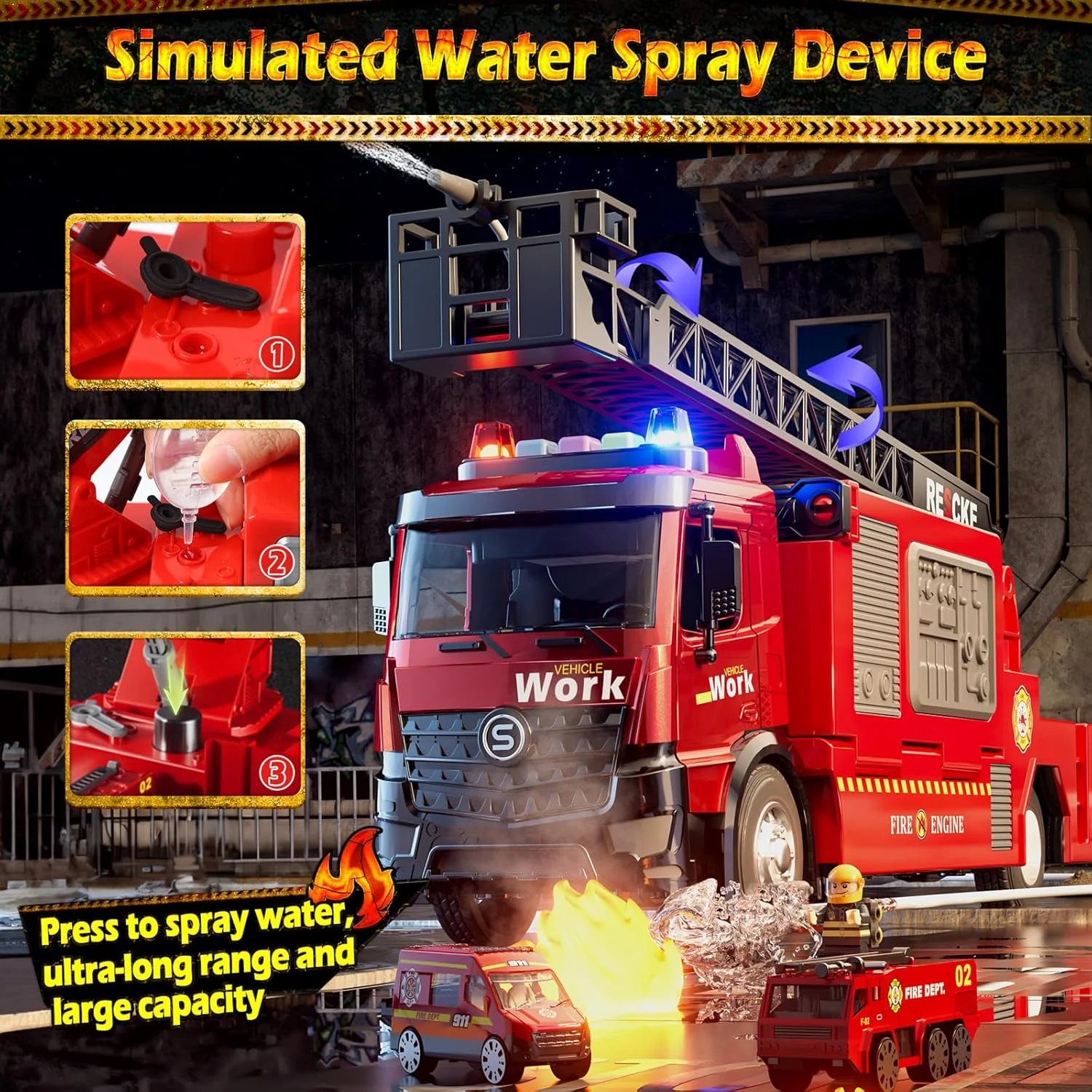 اسباب بازی ماشین آتش نشانی Skirfy برای کودکان، اسباب بازی 30 سانتی متری برای پسران، اسباب بازی های ماشین آتش نشانی اصطکاکی با صدا و نور شبیه سازی شده، نردبان، پمپ آب، هدیه تولد برای پسران 3-5 ساله