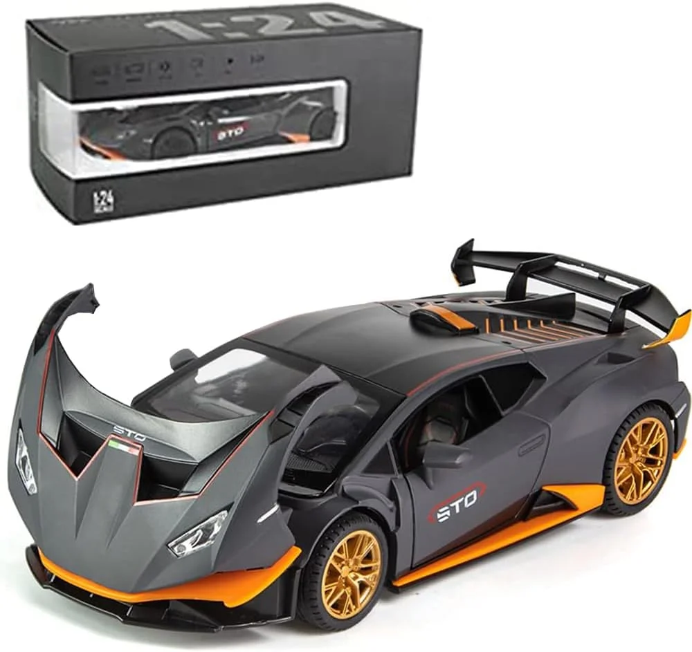 ماشین های اسباب بازی برای پسران، ماشین مدل هوراکان STO فلزی دایکست مقیاس 1/24، ماشین های مدل کلکسیونی، ماشین اسباب بازی عقب کش با نور و صدا، هدیه برای پسران 3 سال به بالا