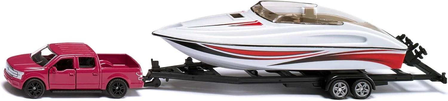 مدل فورد F150 با قایق موتوری siku 2568، مقیاس 1:55، فلزی/پلاستیکی، قرمز/سفید، لاستیک های لاستیکی، قایق اسباب بازی شناور