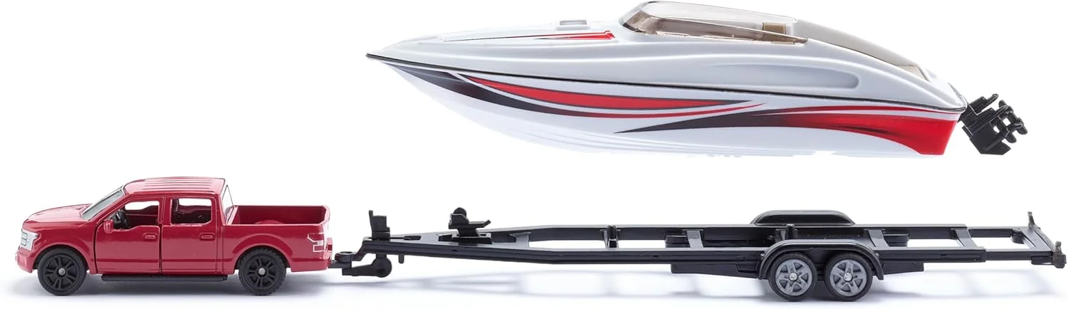مدل فورد F150 با قایق موتوری siku 2568، مقیاس 1:55، فلزی/پلاستیکی، قرمز/سفید، لاستیک های لاستیکی، قایق اسباب بازی شناور