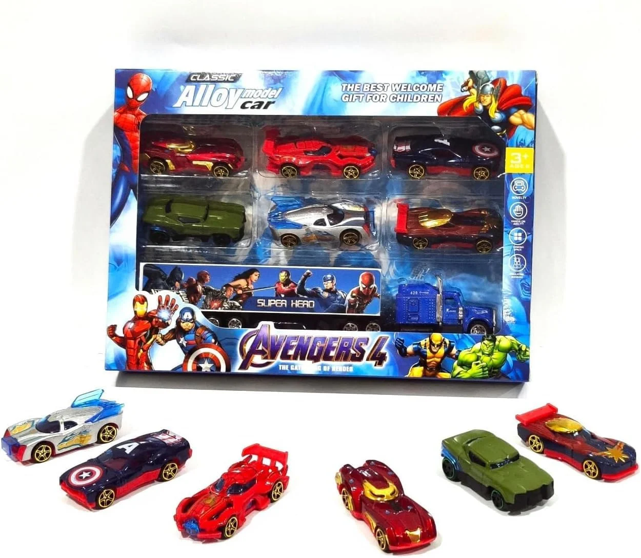 مجموعه ماشین های فلزی دایکست اونجرز – 6 ماشین قهرمانانه و 1 کامیون برای کودکان | مدل های آلیاژی ماشین اسباب بازی برای پسران | مینی وسایل نقلیه دایکست برای بازی کودکان و نوزادان، 3 سال به بالا