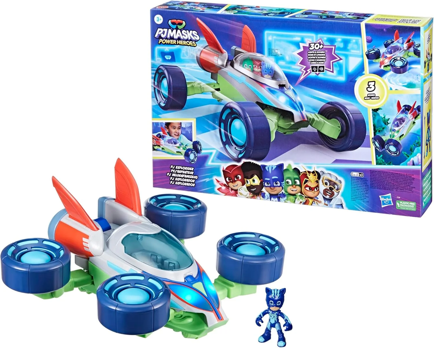 ماشین تبدیل‌شونده PJ Masks Power Heroes PJ Explorider با ۳ حالت، نور و صدا، اسباب‌بازی‌های PJ Masks برای پسران و دختران ۳ سال به بالا، اسباب‌بازی‌های پیش‌دبستانی