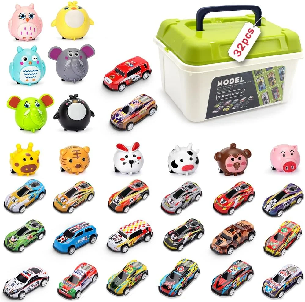 مجموعه 32 عددی ماشین های اسباب بازی عقب کشیدنی و ماشین های حیوانات بامزه عقب کشیدنی با جعبه نگهداری - انواع مختلف ماشین برای کودکان نوپا پسران دختران بالای 3 سال، جوایز معلم، کیسه های هدیه، هدایای تولد