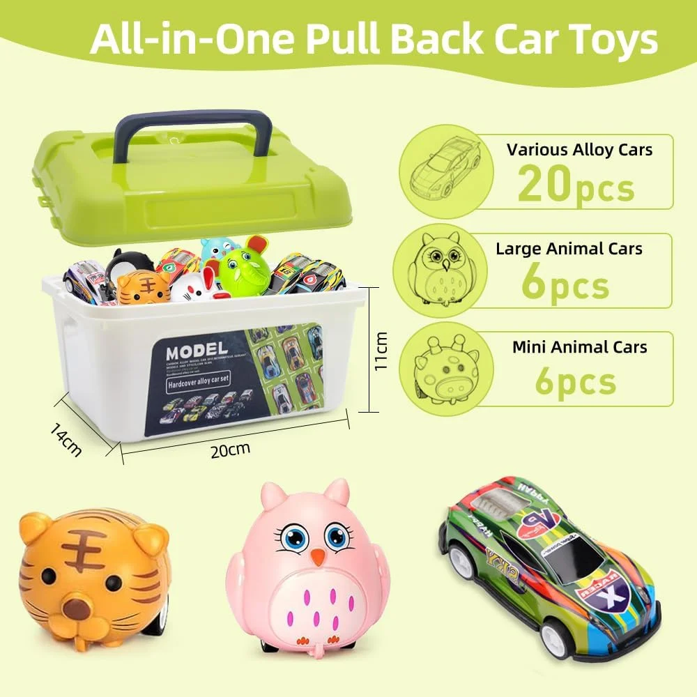 مجموعه 32 عددی ماشین های اسباب بازی عقب کشیدنی و ماشین های حیوانات بامزه عقب کشیدنی با جعبه نگهداری - انواع مختلف ماشین برای کودکان نوپا پسران دختران بالای 3 سال، جوایز معلم، کیسه های هدیه، هدایای تولد