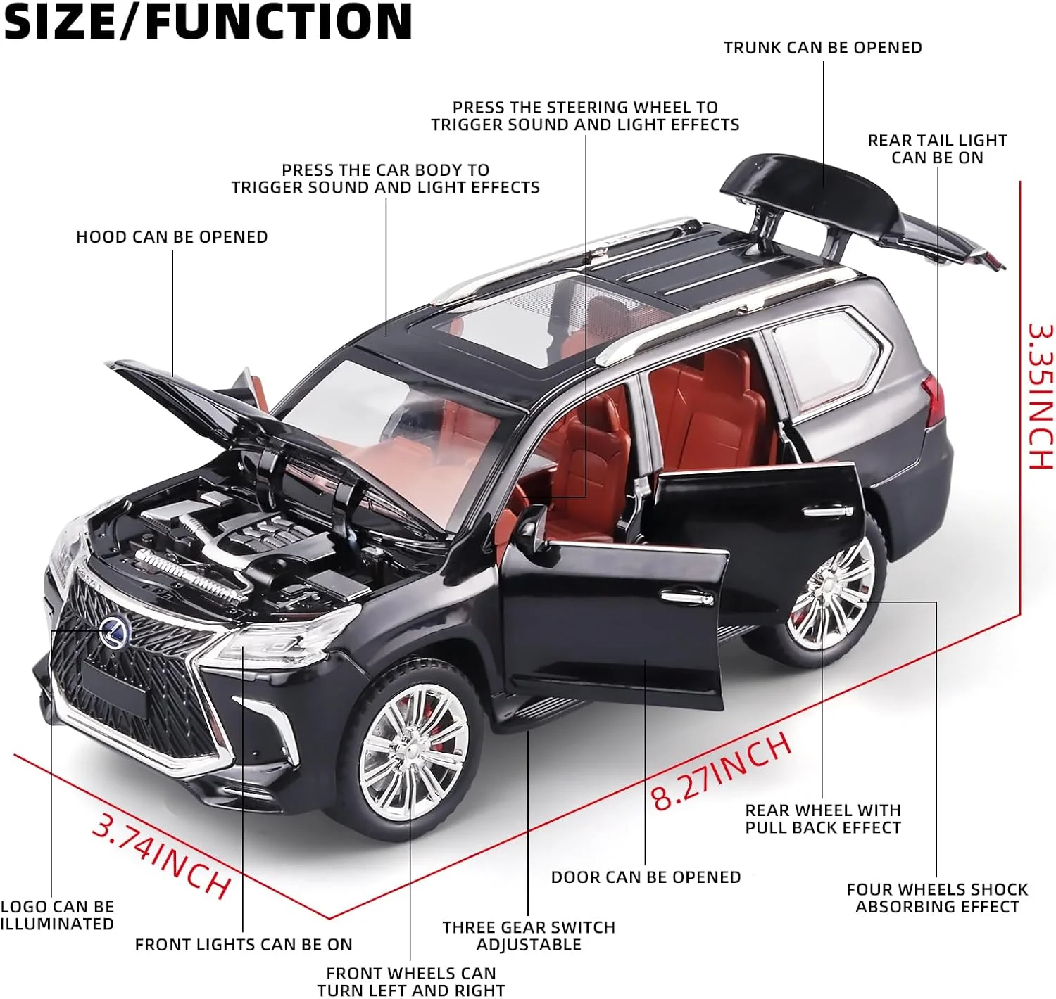ماشین اسباب بازی لکسوس 570، مدل ماشین شاسی بلند بزرگ آفرود پسرانه، اسباب بازی های ماشین فلزی دایکاست 1/24، با چراغ ها، صدا و عقب کش، ماشین اسباب بازی برای پسران 4-7 ساله (مشکی)