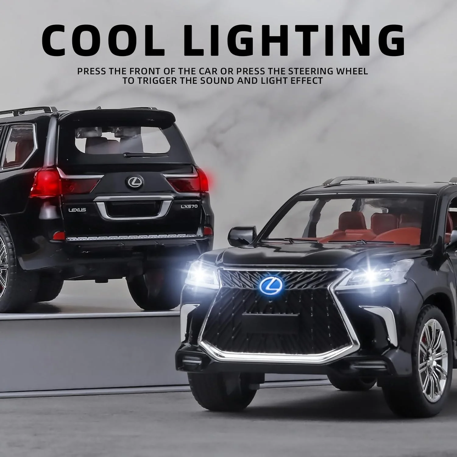 ماشین اسباب بازی لکسوس 570، مدل ماشین شاسی بلند بزرگ آفرود پسرانه، اسباب بازی های ماشین فلزی دایکاست 1/24، با چراغ ها، صدا و عقب کش، ماشین اسباب بازی برای پسران 4-7 ساله (مشکی)