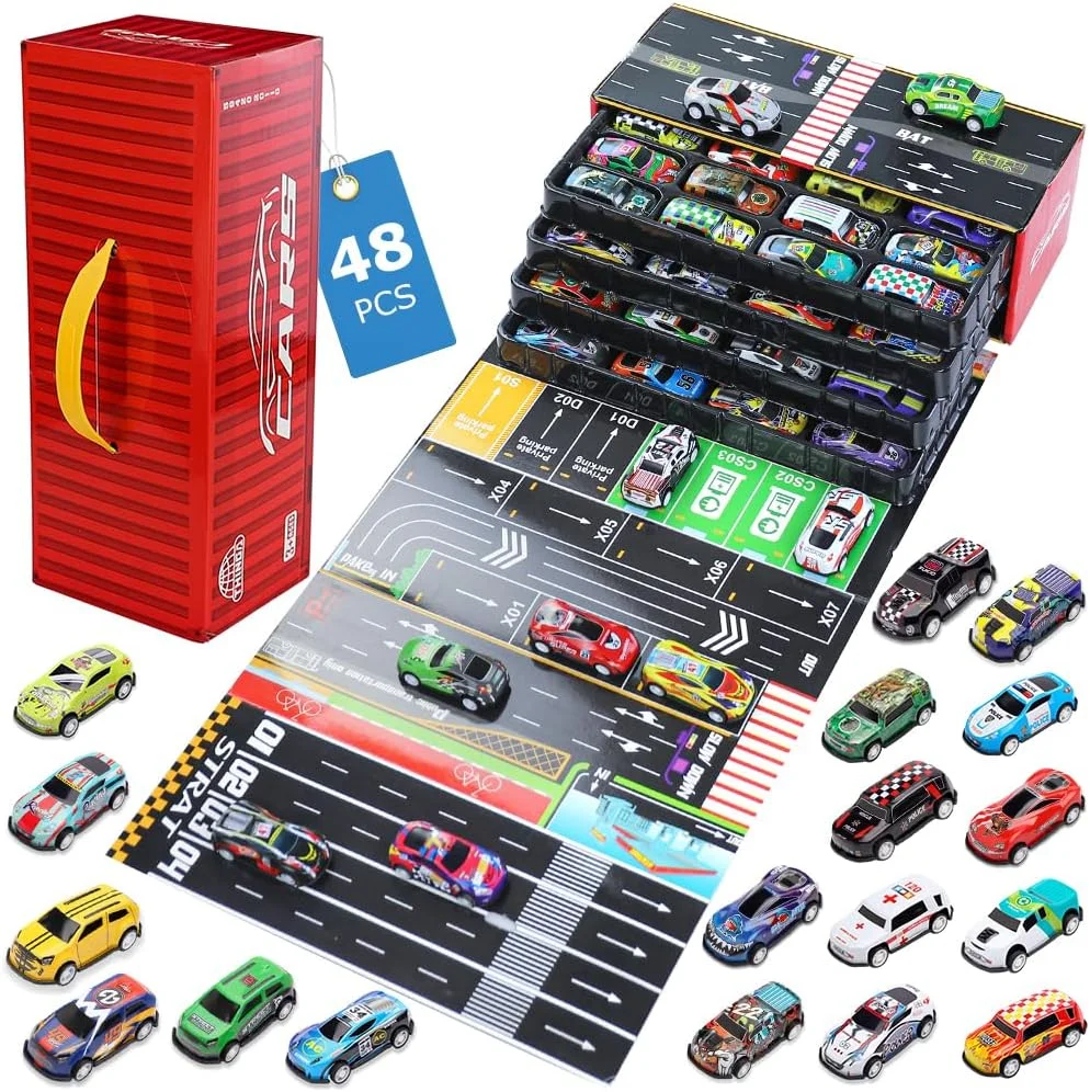 مجموعه 48 عددی ماشین های عقب کشیدنی با بسته بندی هدیه، گاراژ بازی و باند فرود برای کودکان 3 تا 8 سال به بالا، ماشین های مسابقه ای مینی فلزی با قطعات پلاستیکی برای مهمانی ها، جوایز کلاسی، رنگ های تصادفی