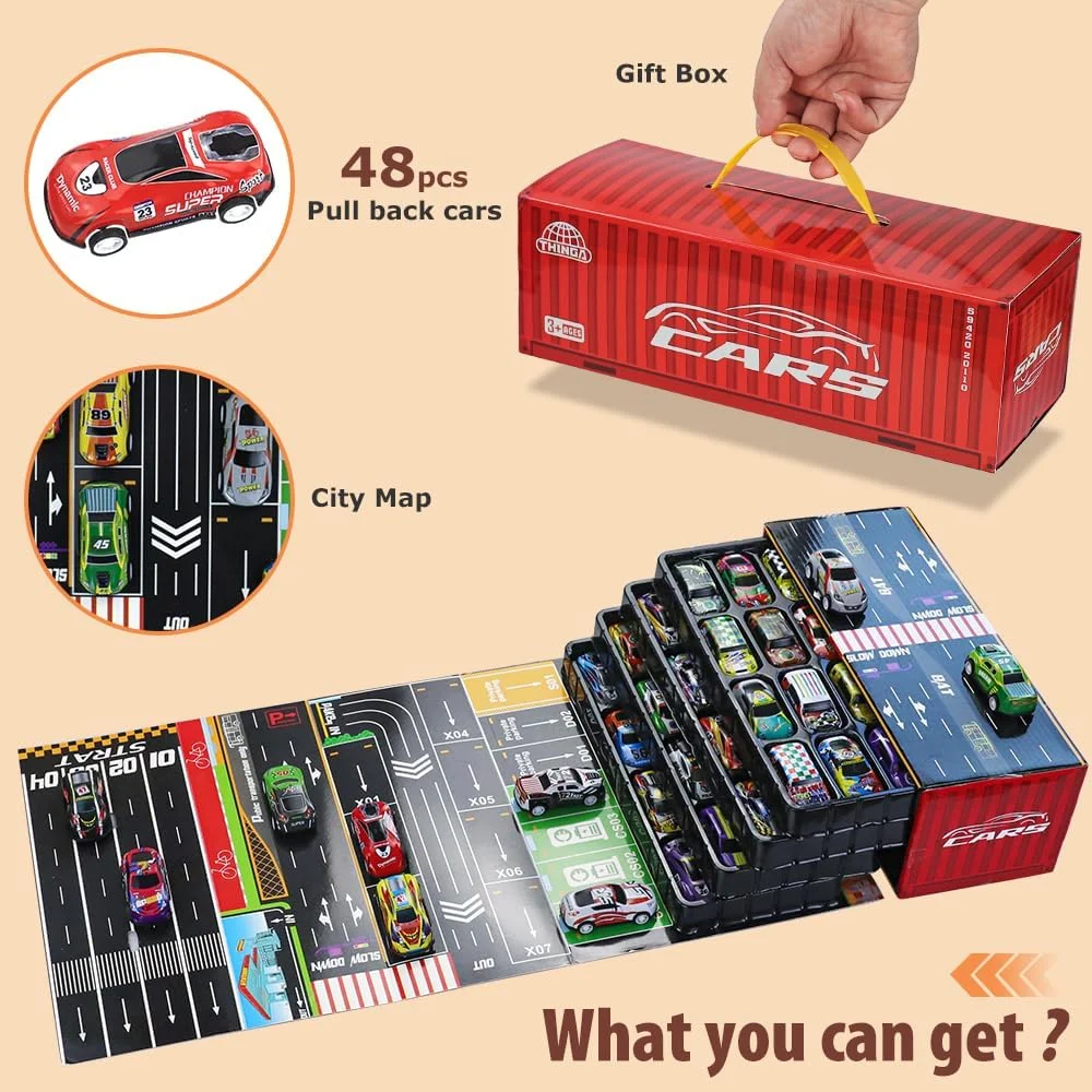 مجموعه 48 عددی ماشین های عقب کشیدنی با بسته بندی هدیه، گاراژ بازی و باند فرود برای کودکان 3 تا 8 سال به بالا، ماشین های مسابقه ای مینی فلزی با قطعات پلاستیکی برای مهمانی ها، جوایز کلاسی، رنگ های تصادفی