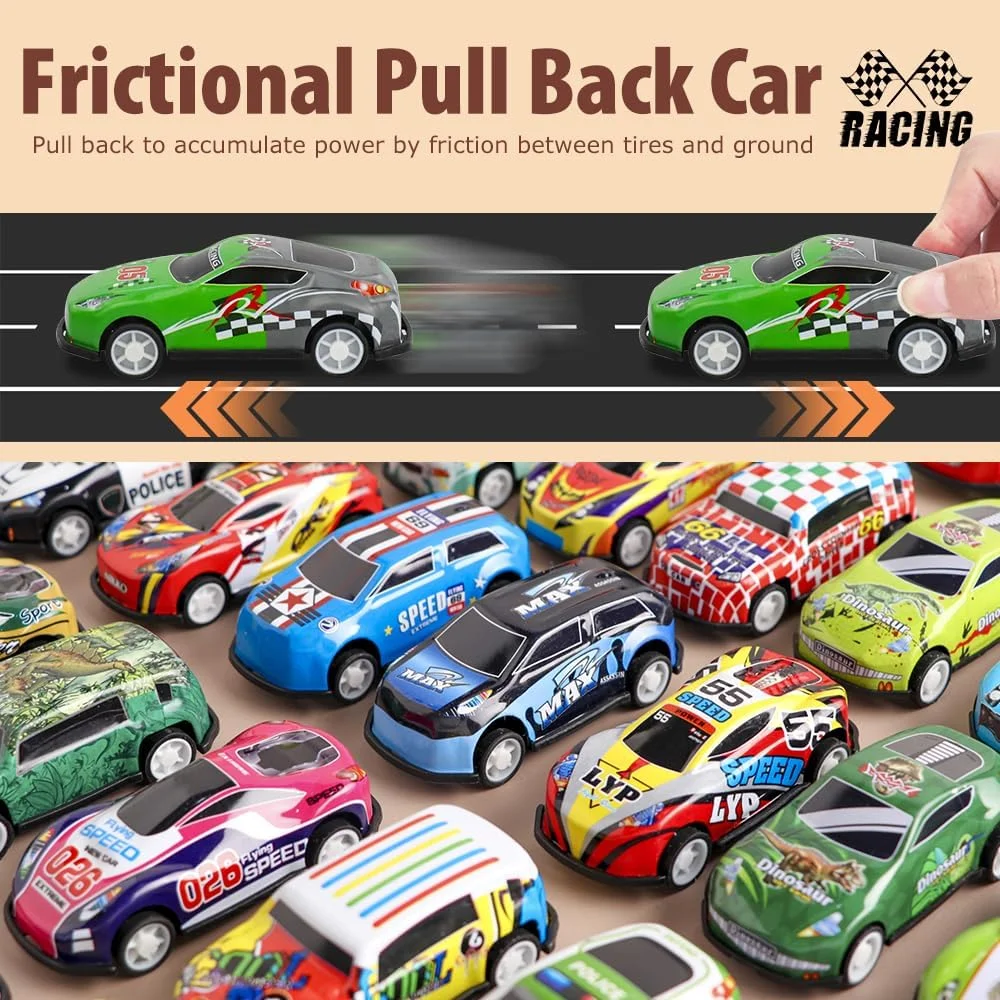 مجموعه 48 عددی ماشین های عقب کشیدنی با بسته بندی هدیه، گاراژ بازی و باند فرود برای کودکان 3 تا 8 سال به بالا، ماشین های مسابقه ای مینی فلزی با قطعات پلاستیکی برای مهمانی ها، جوایز کلاسی، رنگ های تصادفی