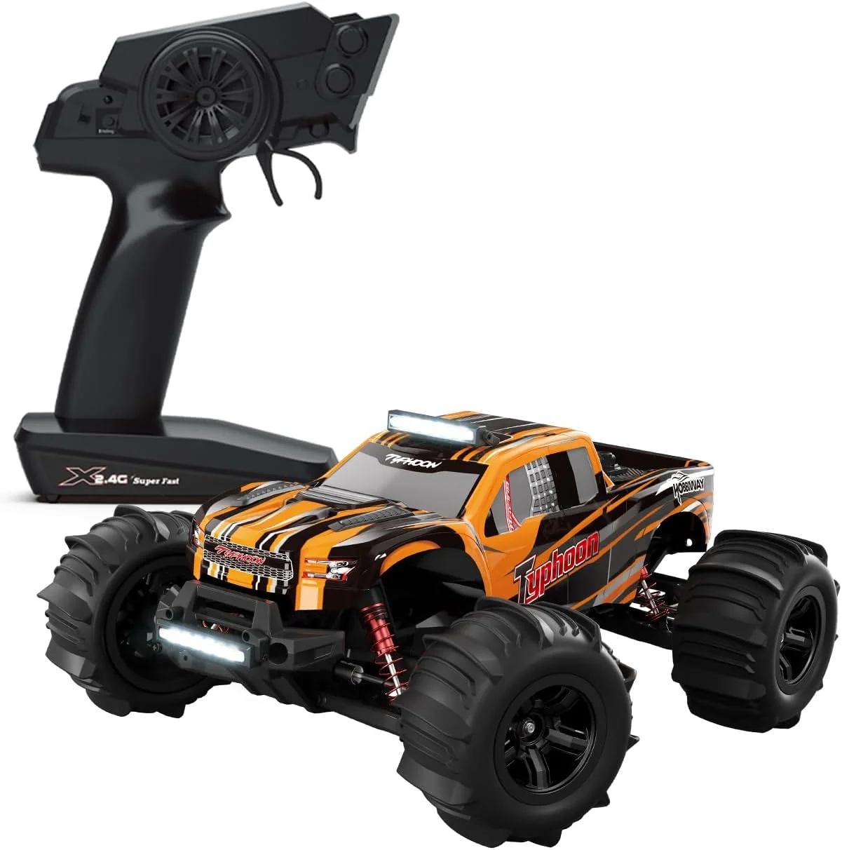 ماشین های کنترلی 1:10 مناسب صحرا، ماشین کامیون آرسی با سرعت بالای 65+ کیلومتر در ساعت، چهار چرخ متحرک مناسب تمام سطوح با باتری 2500 میلی آمپر و چراغ برای بزرگسالان و پسران (پشتیبانی پیشرفته از تغییرات) (MT670) (نارنجی)