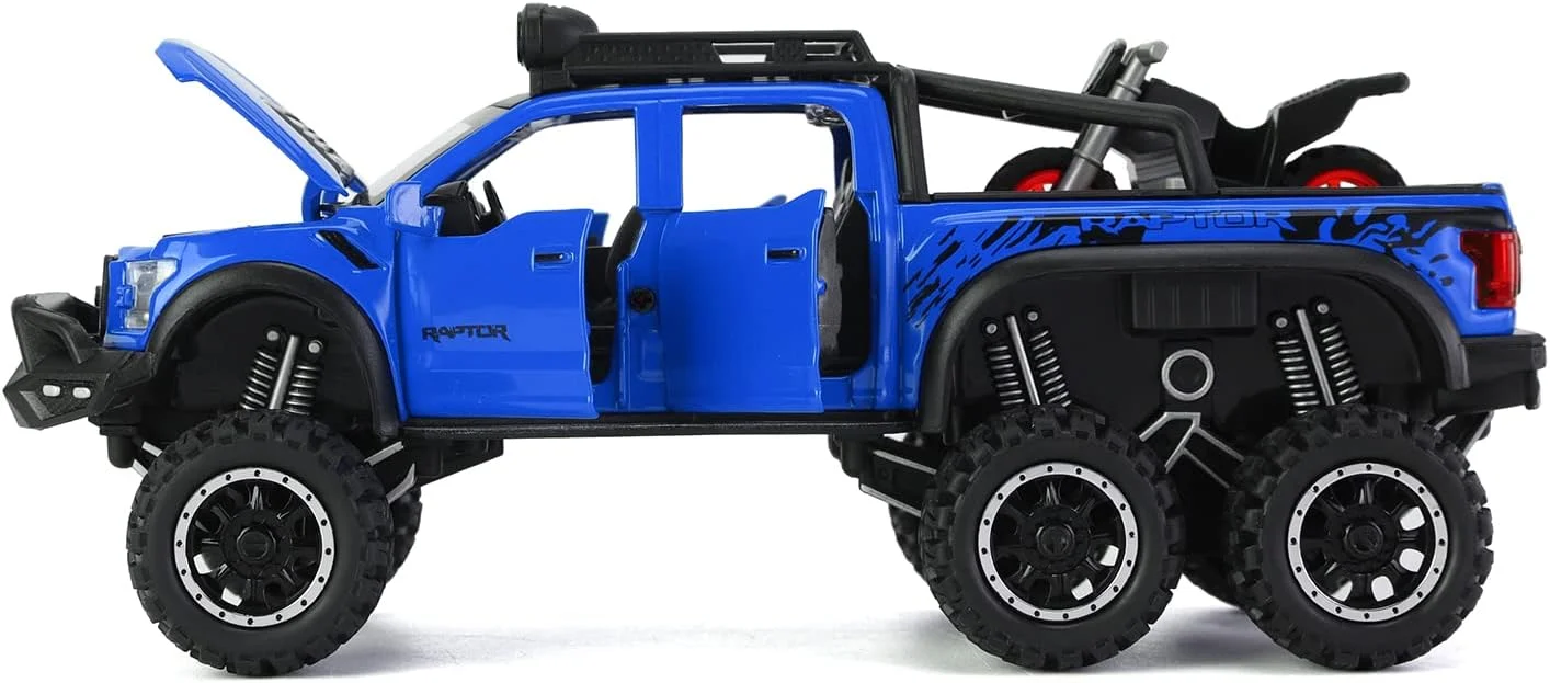 ماکت ماشین فلزی وانت F150 شش چرخ (به طول 8.6 اینچ) با صدا و نور به همراه موتور سیکلت، مناسب اسباب بازی پسرانه 3 تا 12 سال (آبی)