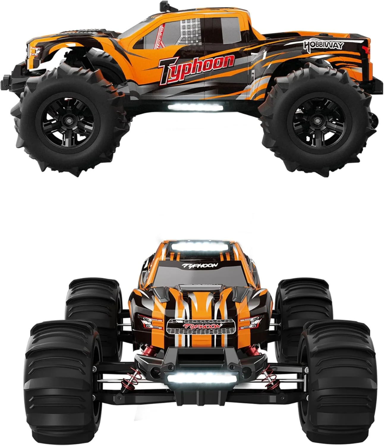 ماشین های کنترلی 1:10 مناسب صحرا، ماشین کامیون آرسی با سرعت بالای 65+ کیلومتر در ساعت، چهار چرخ متحرک مناسب تمام سطوح با باتری 2500 میلی آمپر و چراغ برای بزرگسالان و پسران (پشتیبانی پیشرفته از تغییرات) (MT670) (نارنجی)