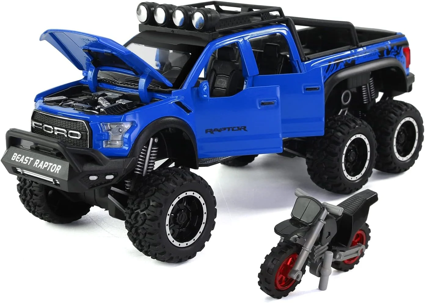 ماکت ماشین فلزی وانت F150 شش چرخ (به طول 8.6 اینچ) با صدا و نور به همراه موتور سیکلت، مناسب اسباب بازی پسرانه 3 تا 12 سال (آبی)