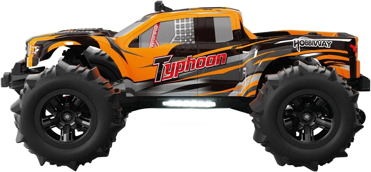 ماشین های کنترلی 1:10 مناسب صحرا، ماشین کامیون آرسی با سرعت بالای 65+ کیلومتر در ساعت، چهار چرخ متحرک مناسب تمام سطوح با باتری 2500 میلی آمپر و چراغ برای بزرگسالان و پسران (پشتیبانی پیشرفته از تغییرات) (MT670) (نارنجی)