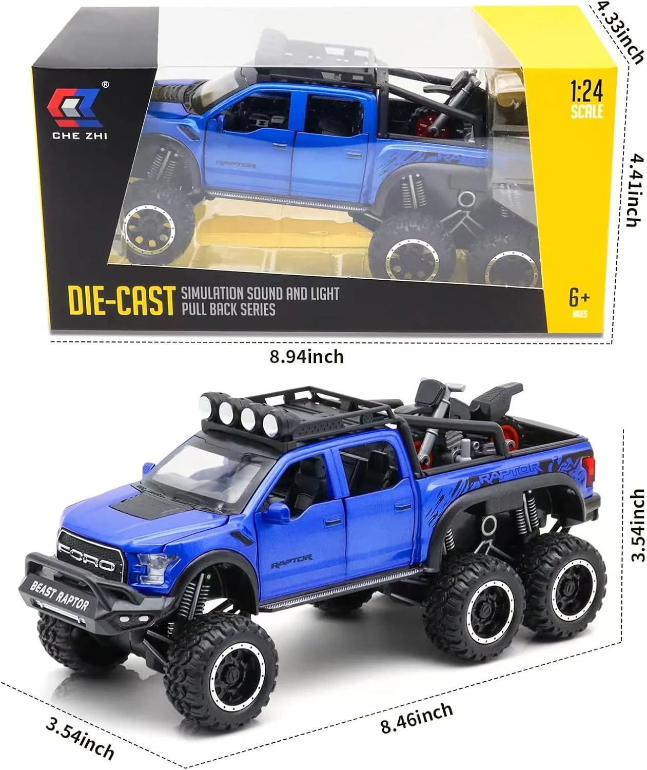ماشین های غول پیکر برای پسران - مدل 1/24 ماشین اسباب بازی فلزی دایکاست F150 با صدا و نور، ماشین های وانت و تریلر برای پسران 3 سال به بالا (آبی)