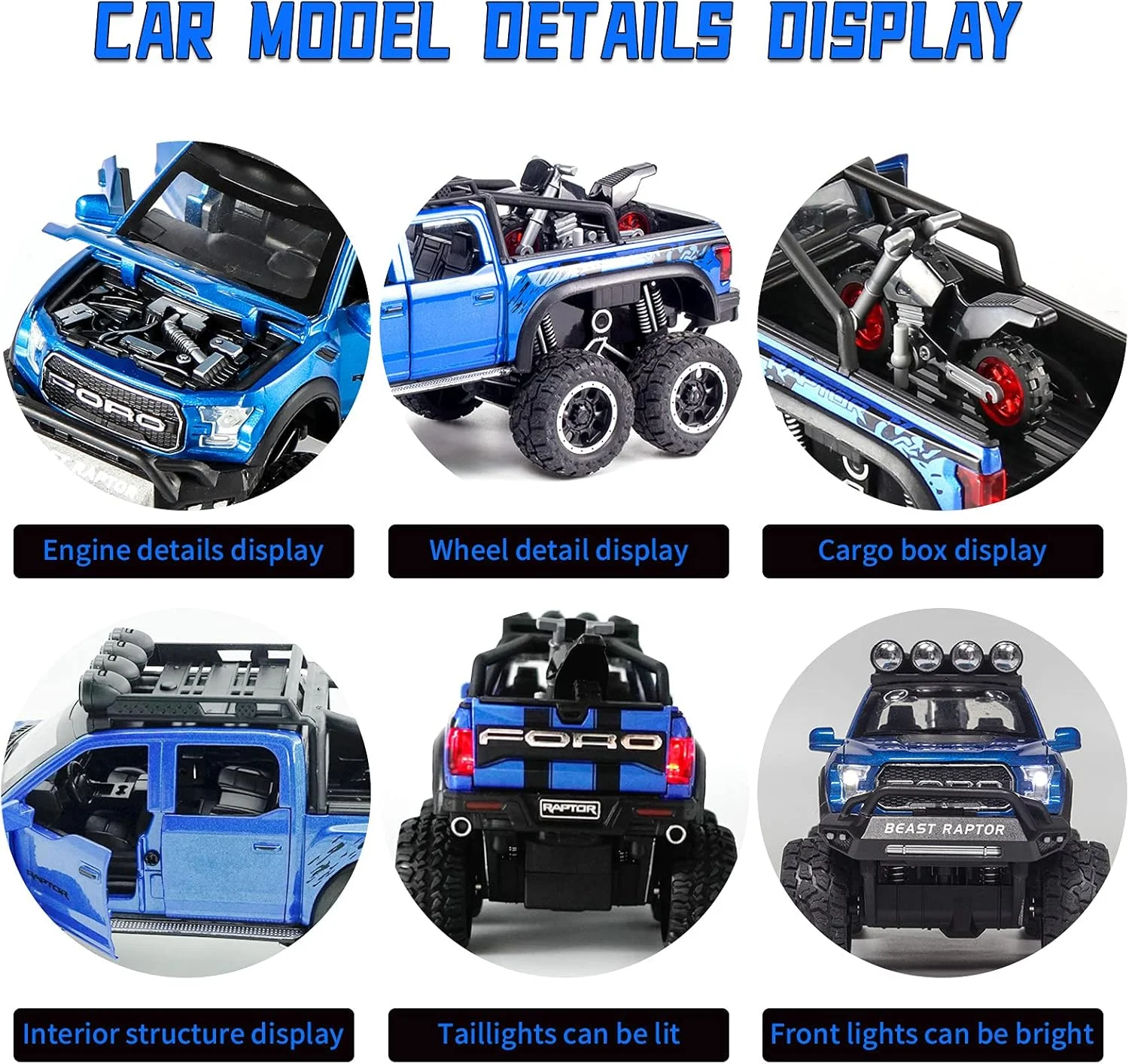 ماشین های غول پیکر برای پسران - مدل 1/24 ماشین اسباب بازی فلزی دایکاست F150 با صدا و نور، ماشین های وانت و تریلر برای پسران 3 سال به بالا (آبی)