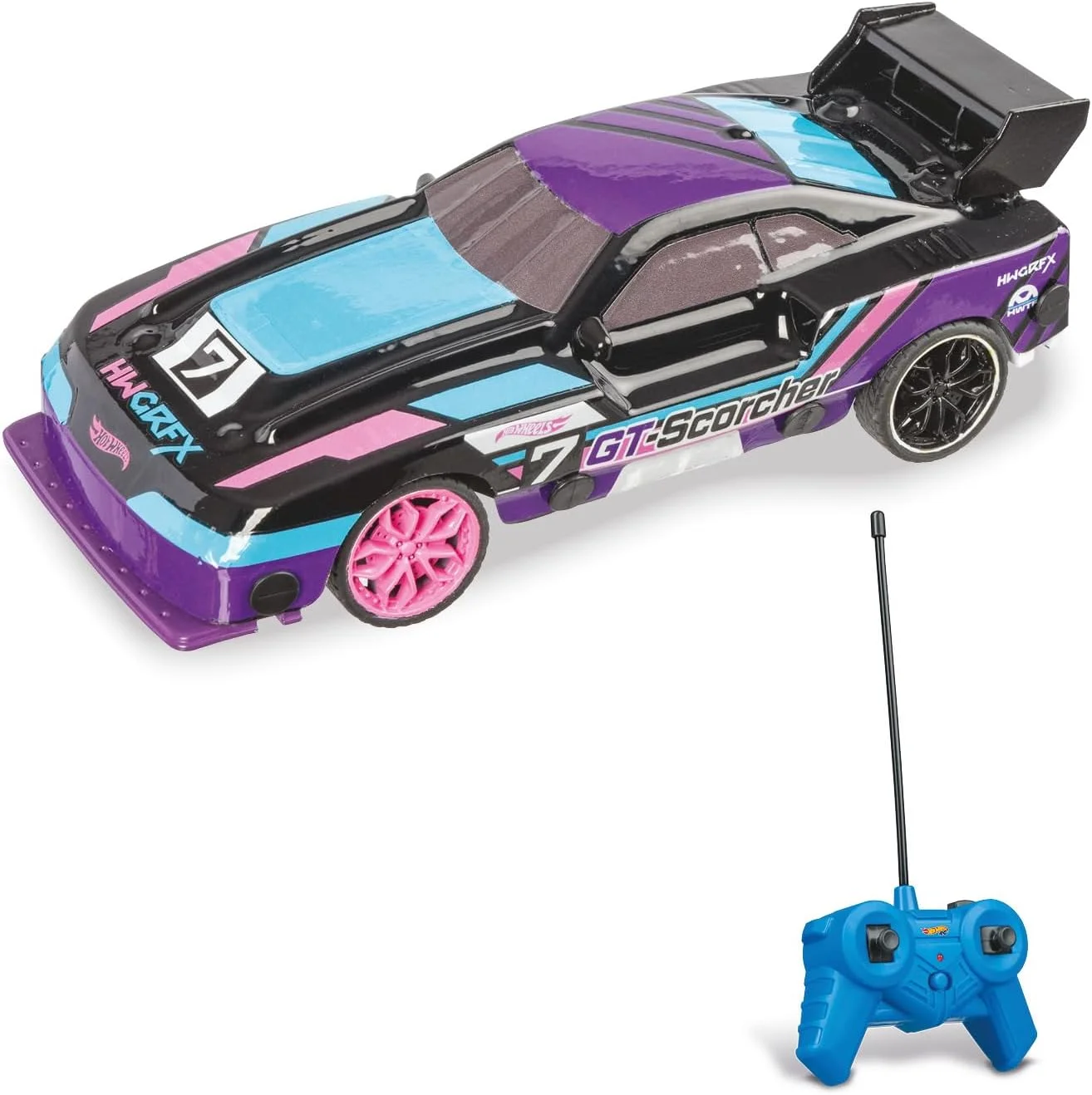 مدل ماشین اسکورچر جی تی هات ویلز موندو موتورز، مقیاس 1:24، سرعت تا 8 کیلومتر در ساعت، ماشین بازی کودکانه 63822 با چراغ های ال ای دی در بدنه، بنفش/آبی روشن
