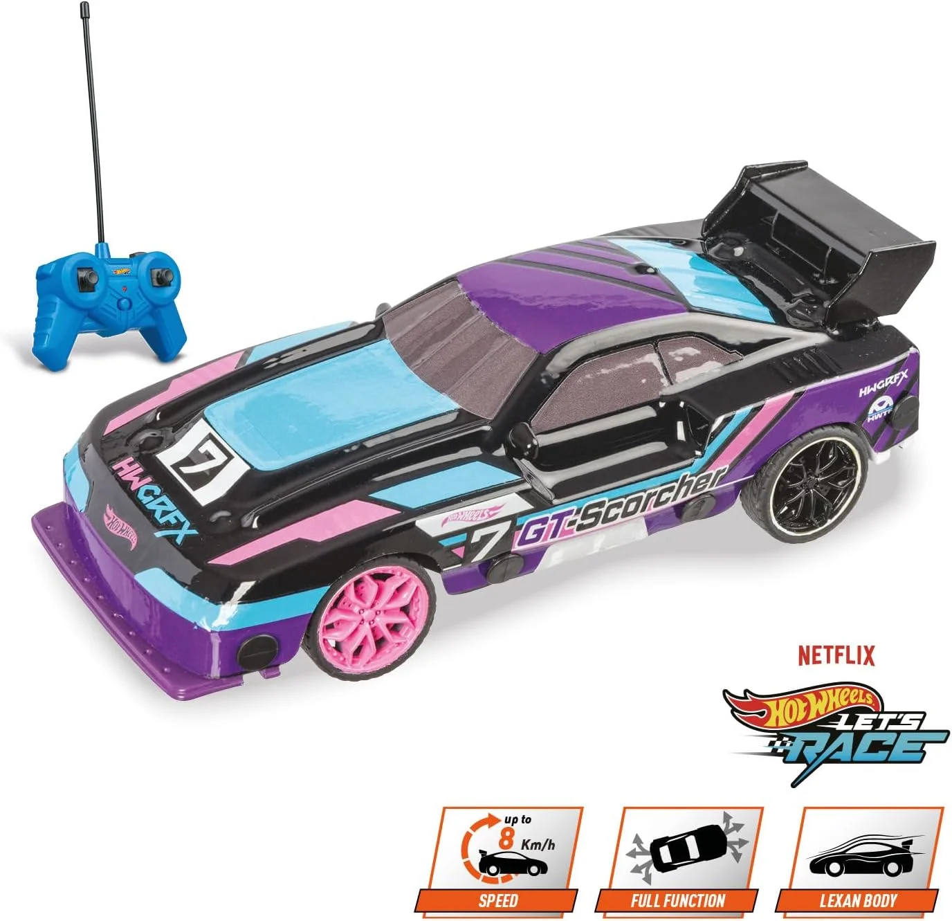 مدل ماشین اسکورچر جی تی هات ویلز موندو موتورز، مقیاس 1:24، سرعت تا 8 کیلومتر در ساعت، ماشین بازی کودکانه 63822 با چراغ های ال ای دی در بدنه، بنفش/آبی روشن