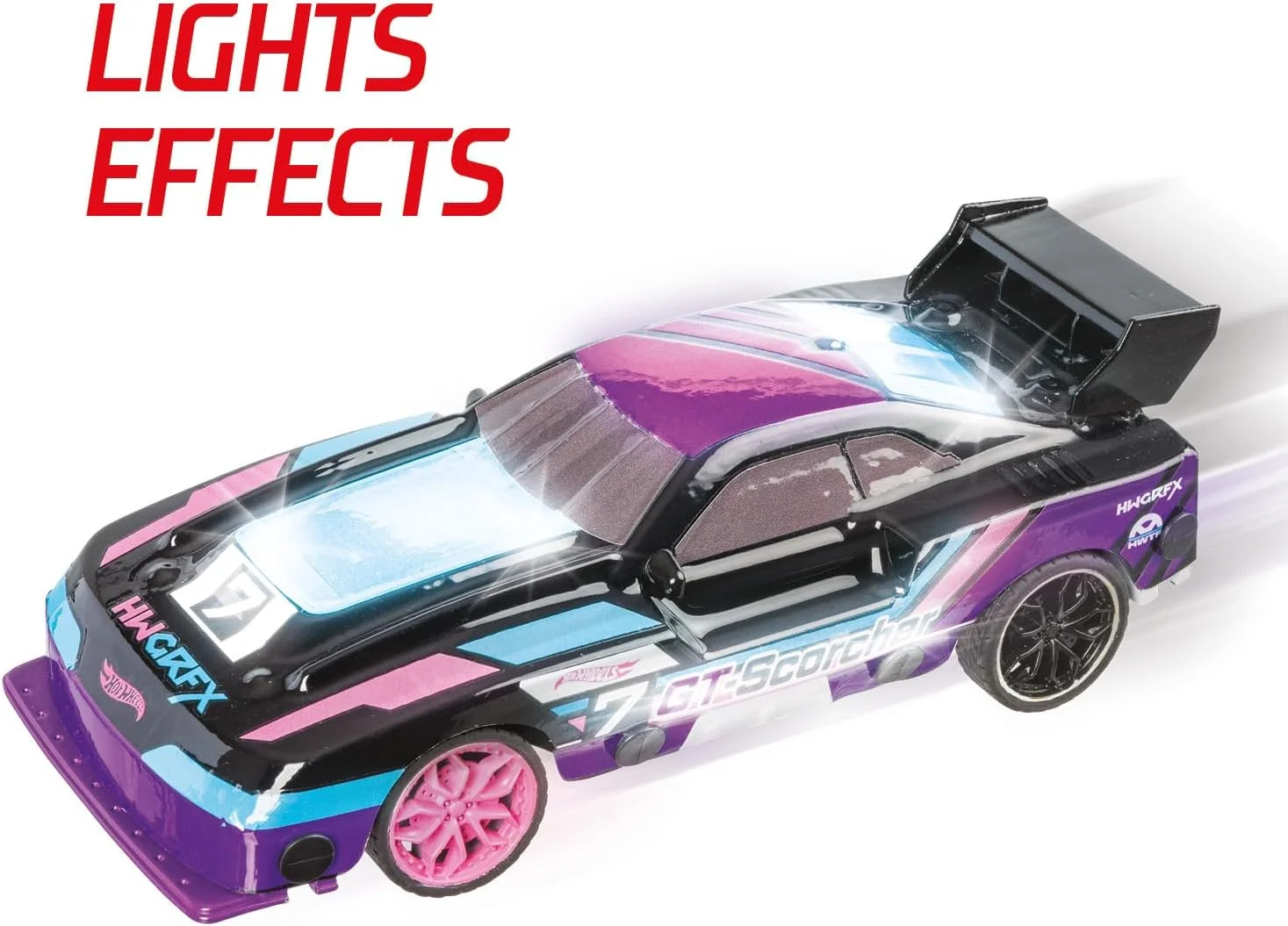 مدل ماشین اسکورچر جی تی هات ویلز موندو موتورز، مقیاس 1:24، سرعت تا 8 کیلومتر در ساعت، ماشین بازی کودکانه 63822 با چراغ های ال ای دی در بدنه، بنفش/آبی روشن