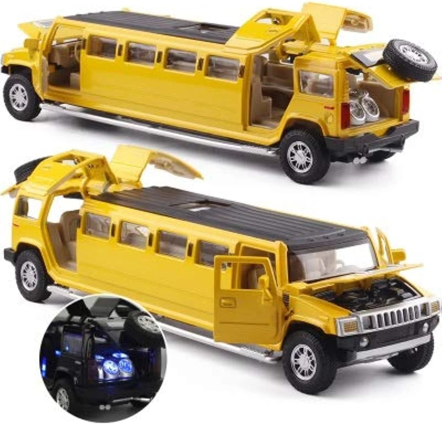 مدل لیموزین فلزی دایکاست با شبیه سازی بالا، مقیاس 1:24، اسباب بازی موزیکال عقب کشیدنی برای کودکان - Makfacp (رنگ: زرد)