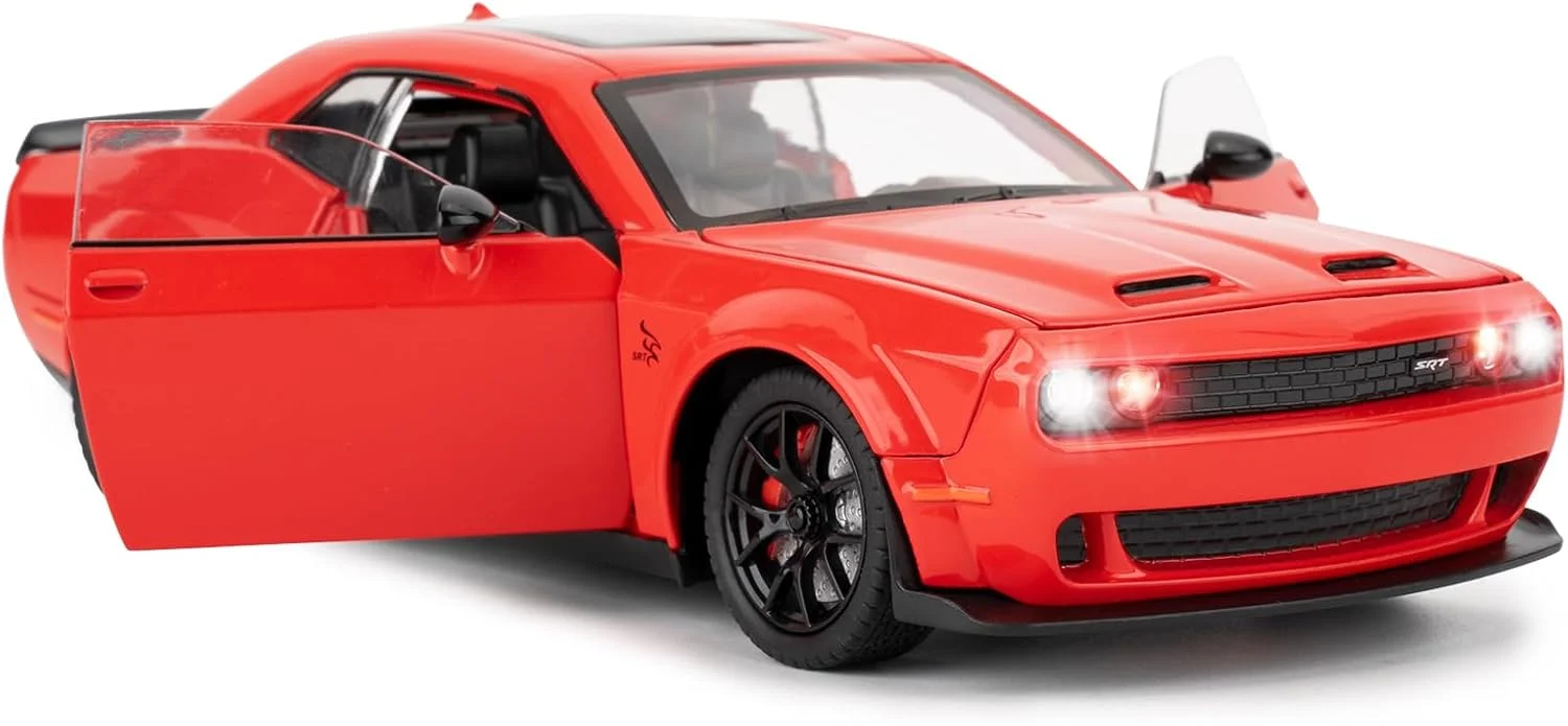 مدل ماشین اسباب بازی مقیاس 1:24، مناسب برای دوج چلنجر SRT هلکت، ماشین اسباب بازی دایکست با چراغ و صدا، هدیه تولد ماشین مدل عقب کشیدنی برای کودکان بالای 3 سال (قرمز)