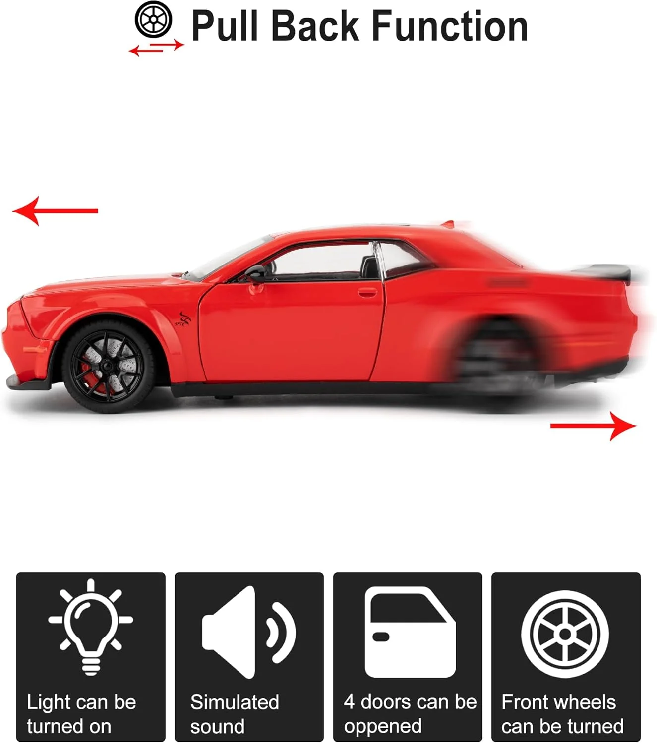 مدل ماشین اسباب بازی مقیاس 1:24، مناسب برای دوج چلنجر SRT هلکت، ماشین اسباب بازی دایکست با چراغ و صدا، هدیه تولد ماشین مدل عقب کشیدنی برای کودکان بالای 3 سال (قرمز)