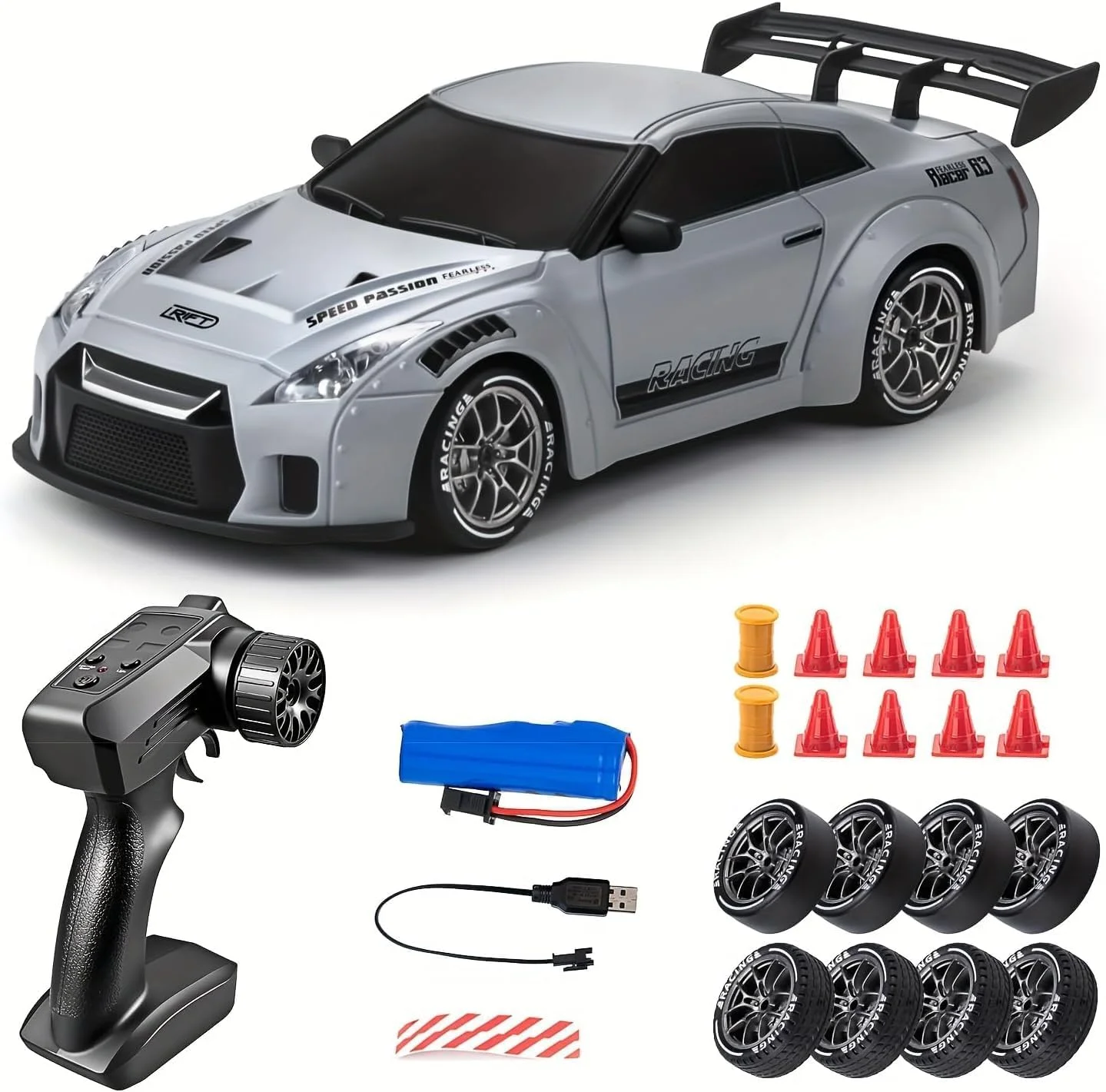 ماشین کنترلی دریفت نیسان GTR – مقیاس 1:24، سرعت بالا 20 کیلومتر در ساعت، 4WD، شارژ USB با چراغ های LED، اسباب بازی برای کودکان و بزرگسالان