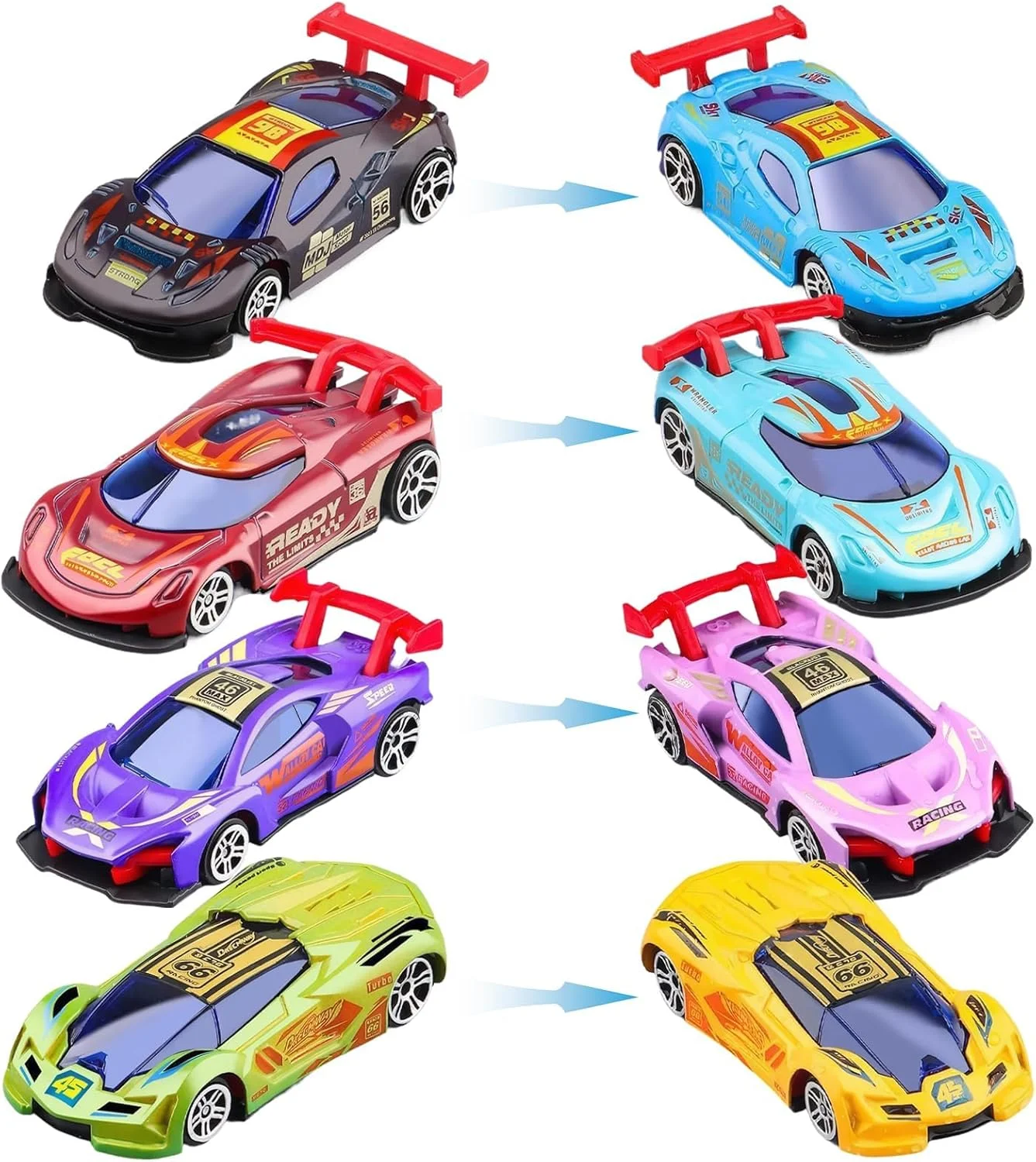 ست ماشین های مسابقه ای کوچک تغییر رنگ دهنده، 4 عددی، ماشین های آلیاژی تغییر رنگ دهنده فعال شده با آب، هدیه تولد برای پسران و دختران