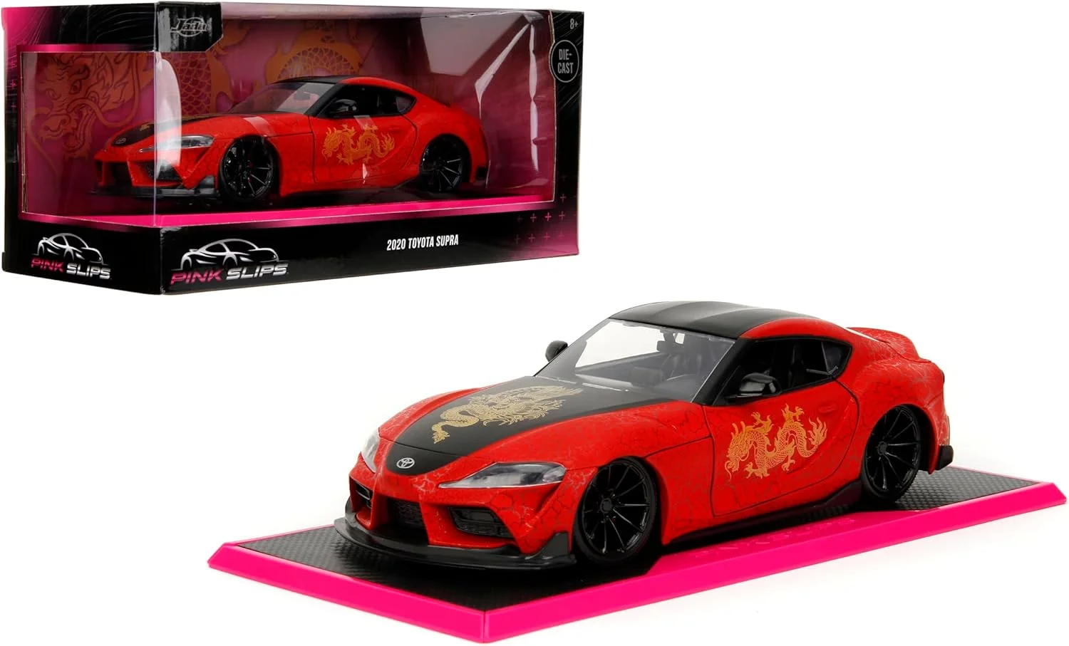 JADA Pink Slips 1:24 - تویوتا سوپرا 2020، ماشین دایکست با پایه، اسباب بازی برای کودکان و بزرگسالان