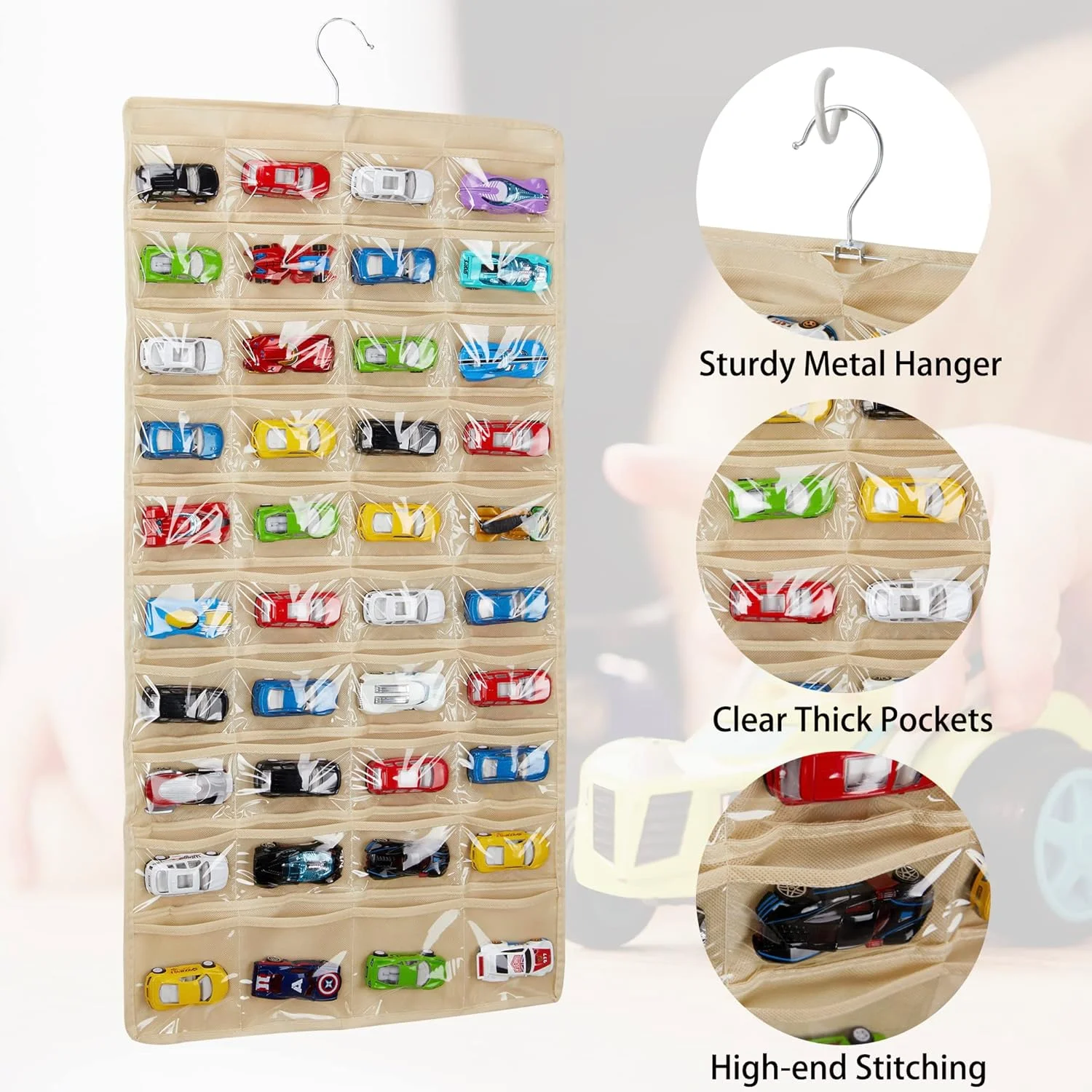 کیف نگهداری سازگار با ۸۰ ماشین Hot Wheels Matchbox، کیف نمایش آویز دو طرفه برای Hot Wheels مناسب برای ۸۰ ماشین اسباب بازی (۸۰ اسلات - بژ)