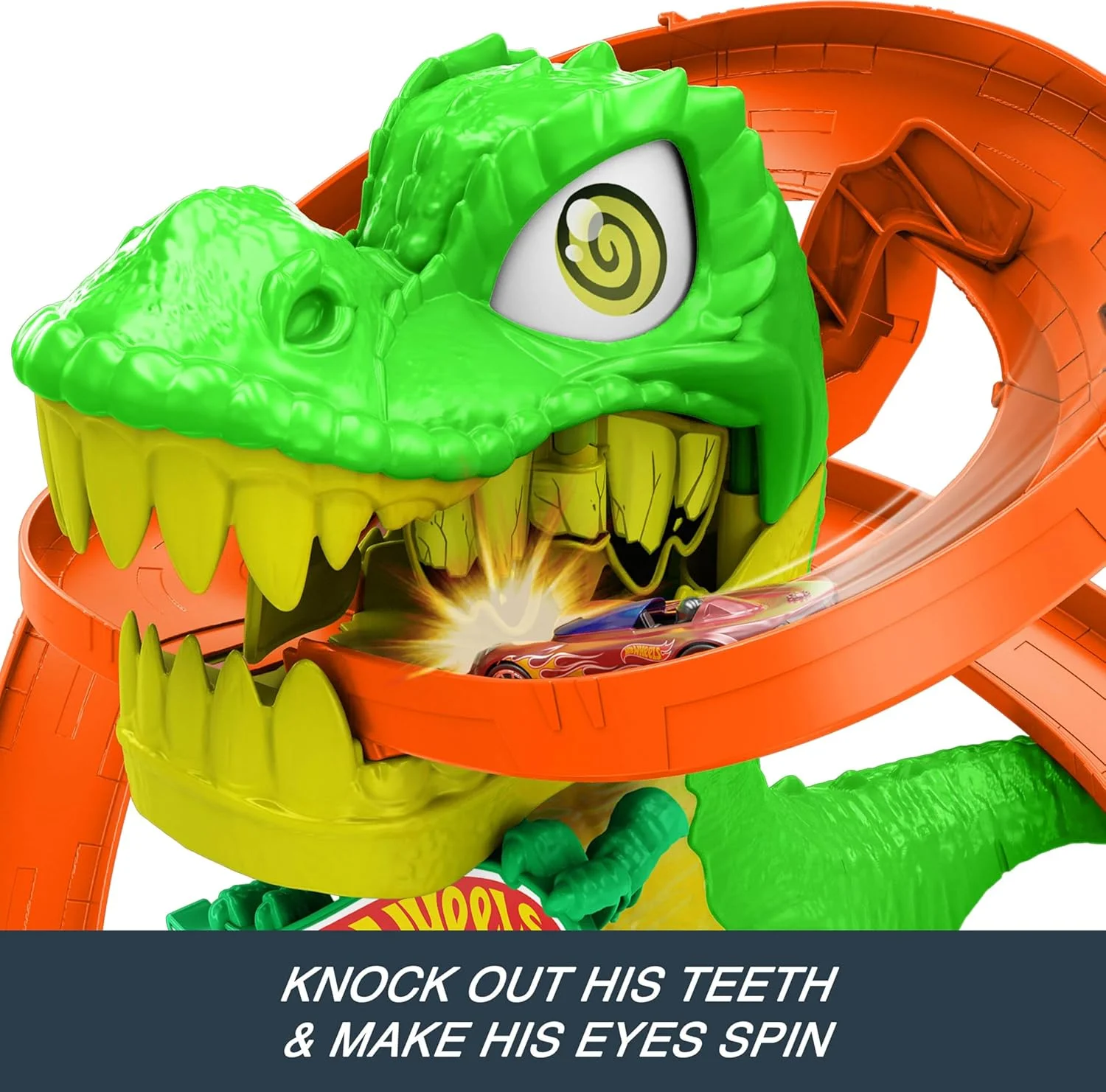 مجموعه پیست ماشین اسباب بازی هات ویلز، مجموعه بازی نبرد آتشین تی-رکس شهری و ماشین آتش نشانی دایکست مقیاس 1:64، ارتفاع 18 اینچ، نتایج مسابقه چندگانه، چرخاندن چشمان دایناسور