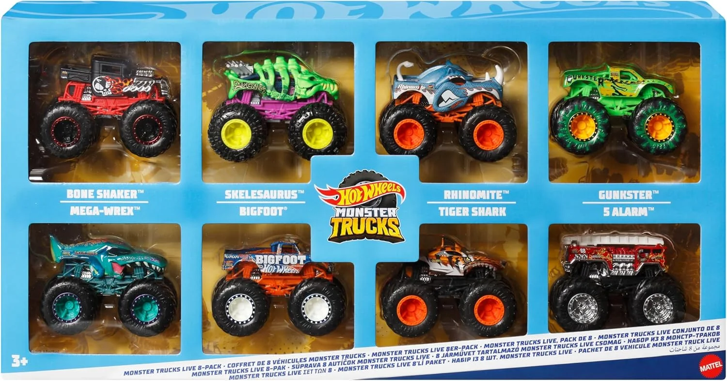 مجموعه 8 عددی ماشین های فلزی Hot Wheels Monster Trucks Live با مقیاس 1:64، شامل شخصیت های محبوب و قهرمانان نمایش زنده و سری یوتیوب، JCW76