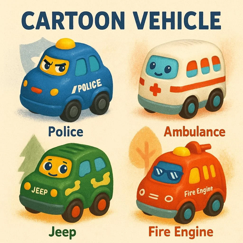 اسباب بازی های موزیکال کودکانه فیتو با طرح کارتونی، مجموعه 4 عددی ماشین های شهری بامزه همراه با موسیقی و نور