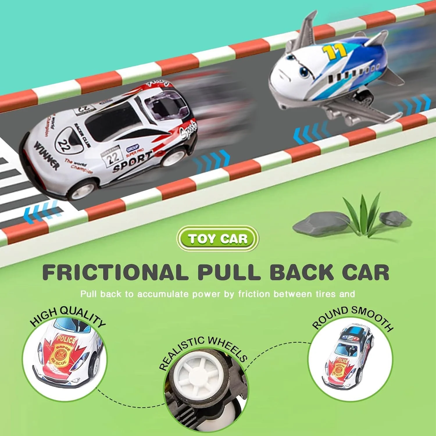 مجموعه 24 عددی ماشین و هواپیمای عقب کشیدنی فلزی کوچک به همراه جعبه نگهداری + پیست فرودگاهی، اسباب بازی پیست مسابقه برای کودکان 3 تا 8 سال