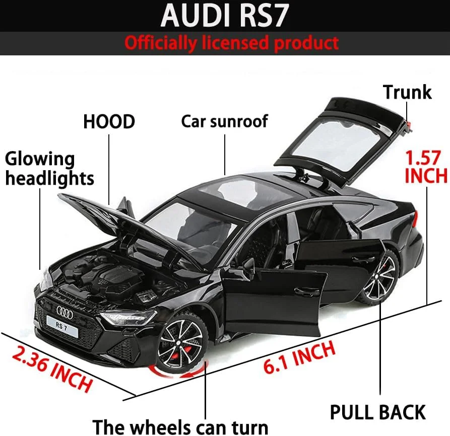ماشین اسباب بازی مدل آئودی RS7 Sportback، مقیاس 1/32، فلزی، عقب کش، دارای چراغ و صدا، کلکسیونی، مناسب پسران (مشکی)