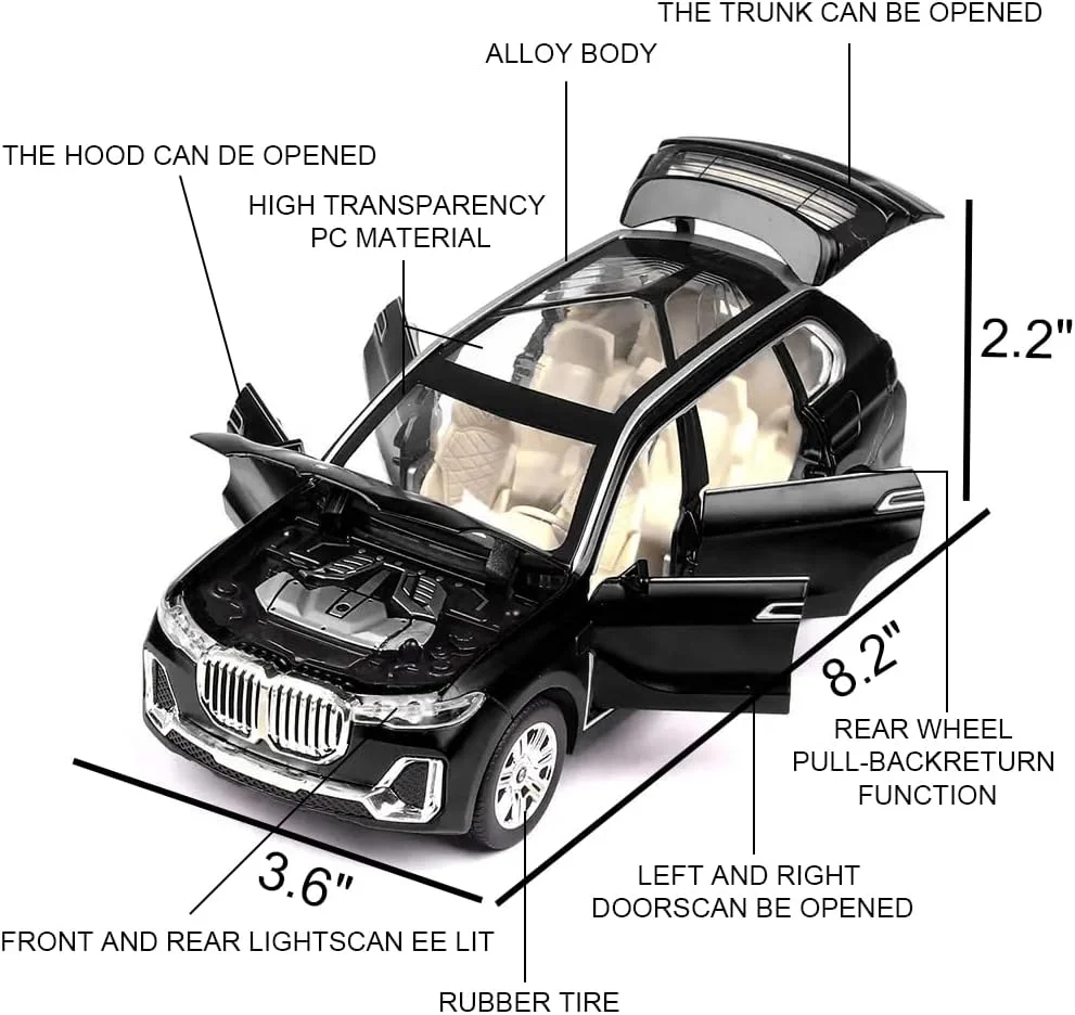 مدل ماشین اسباب بازی BMW X7 SUV مقیاس 1/24، ماشین های اسباب بازی دایکست، آلیاژ روی، عقب کشیدنی، با صدا و نور، هدیه برای کودکان دختر و پسر، هدیه تولد، کلکسیونی.