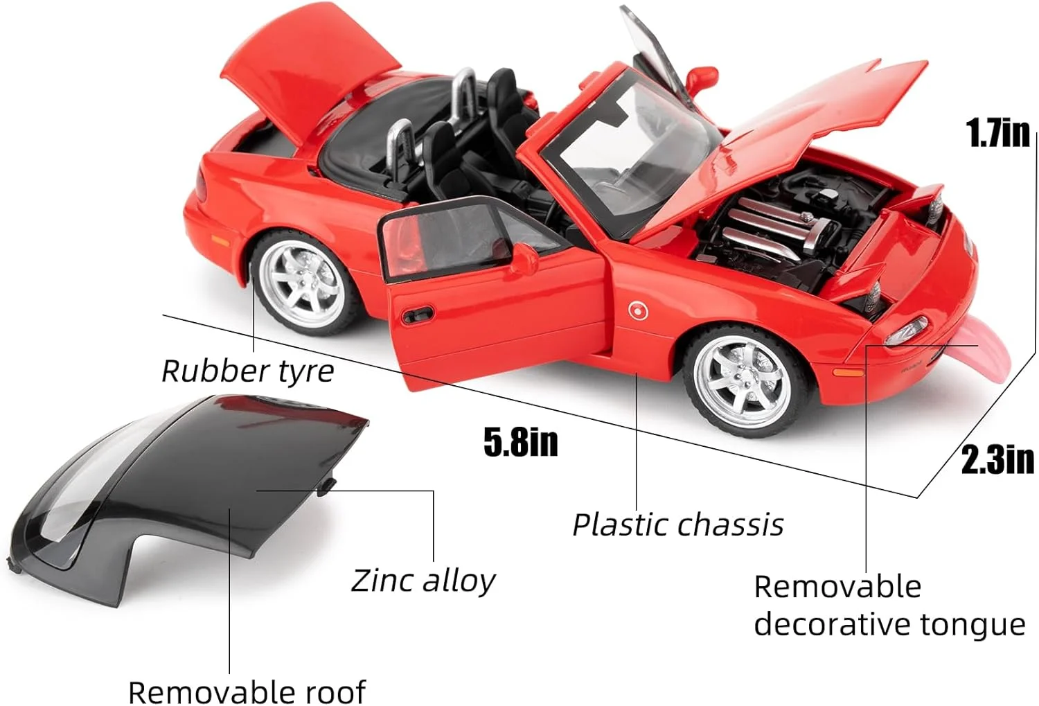 ماکت اسباب بازی 1/32 مزدا میاتا، مدل آلیاژی ماشین دایکست MX-5، ماشین اسباب بازی عقب کشیدنی با سقف جداشدنی، دارای صدا و چراغ های روشن، ماشین کلکسیونی دایکست مزدا میاتا برای کودکان (قرمز)