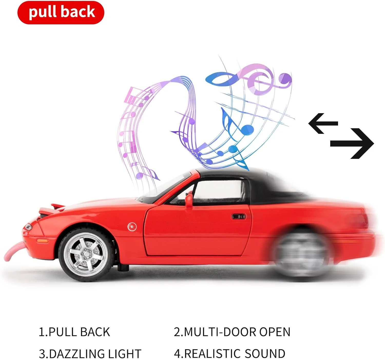 ماکت اسباب بازی 1/32 مزدا میاتا، مدل آلیاژی ماشین دایکست MX-5، ماشین اسباب بازی عقب کشیدنی با سقف جداشدنی، دارای صدا و چراغ های روشن، ماشین کلکسیونی دایکست مزدا میاتا برای کودکان (قرمز)