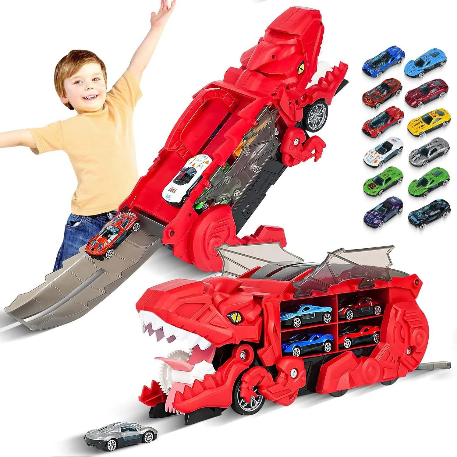 اسباب بازی کامیون حمل دایناسور برای پسران 3، 4، 5 و 6 ساله، مجموعه پیست مسابقه دایناسور 12 عددی ماشین های دایکاست، تبدیل شونده به داینو، اسباب بازی ماشین کودک نوپا، هدیه اسباب بازی کریسمس برای کودکان (قرمز)