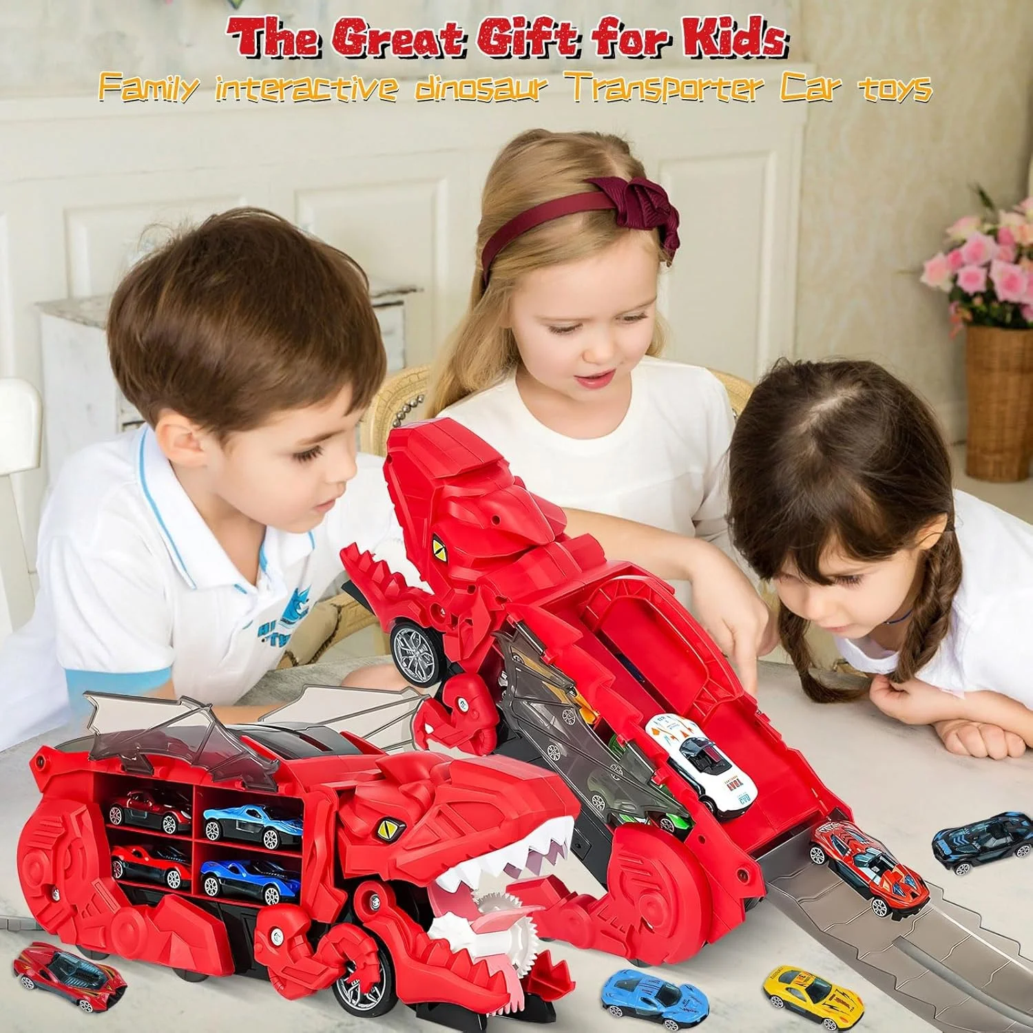 اسباب بازی کامیون حمل دایناسور برای پسران 3، 4، 5 و 6 ساله، مجموعه پیست مسابقه دایناسور 12 عددی ماشین های دایکاست، تبدیل شونده به داینو، اسباب بازی ماشین کودک نوپا، هدیه اسباب بازی کریسمس برای کودکان (قرمز)