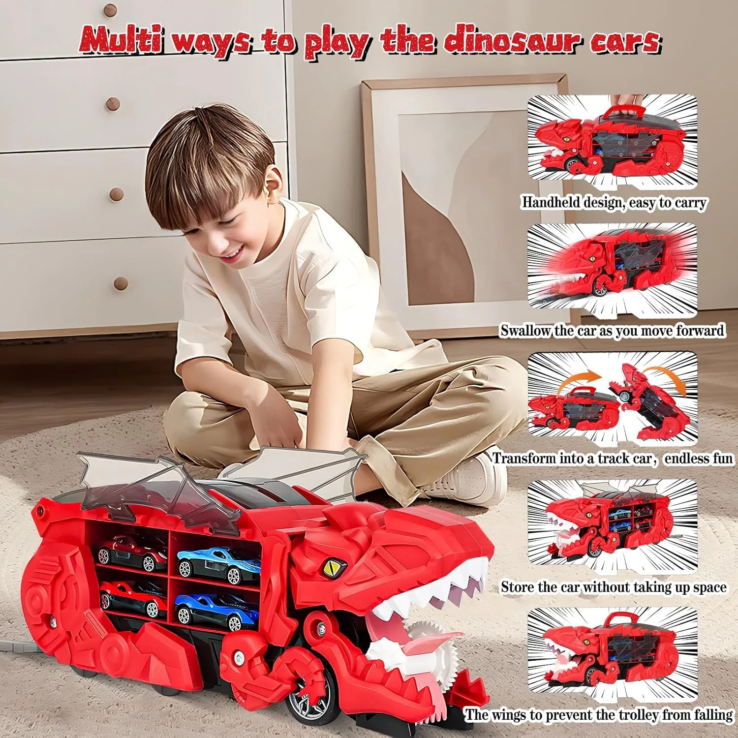 اسباب بازی کامیون حمل دایناسور برای پسران 3، 4، 5 و 6 ساله، مجموعه پیست مسابقه دایناسور 12 عددی ماشین های دایکاست، تبدیل شونده به داینو، اسباب بازی ماشین کودک نوپا، هدیه اسباب بازی کریسمس برای کودکان (قرمز)