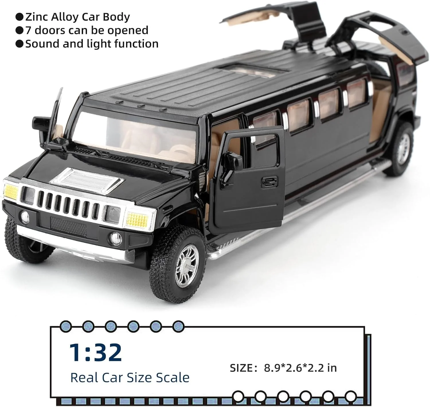 مدل لیموزین فلزی در مقیاس ۱/۳۲، ماشین اسباب بازی لیموزین کشیده آلیاژی با صدا و نور، عملکرد عقب کش، ۷ درب بازشو واقعی برای کودکان، پسران و دختران (مشکی)