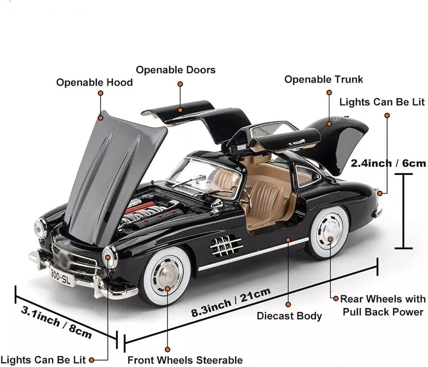 ماشین اسباب بازی کلاسیک DEUSON ECOM 1:24 SL300، مدل ماشین اسباب بازی قدیمی برای کودکان، ماشین های فلزی دایکست با قابلیت عقب کشیدن، دارای نور و صدا و درب های بازشو