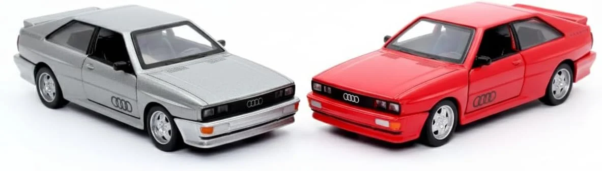 مدل ماشین آئودی کواترو کوپه (سال‌های ۱۹۸۰–۱۹۹۱) دای‌کست D-Power مقیاس ۱:۳۶، رنگ‌های مختلف قرمز/خاکستری، ۱ عدد – مدل کلاسیک با قابلیت عقب‌کش، اسباب‌بازی کلکسیونی قدیمی