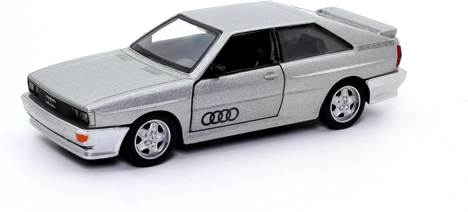 مدل ماشین آئودی کواترو کوپه (سال‌های ۱۹۸۰–۱۹۹۱) دای‌کست D-Power مقیاس ۱:۳۶، رنگ‌های مختلف قرمز/خاکستری، ۱ عدد – مدل کلاسیک با قابلیت عقب‌کش، اسباب‌بازی کلکسیونی قدیمی