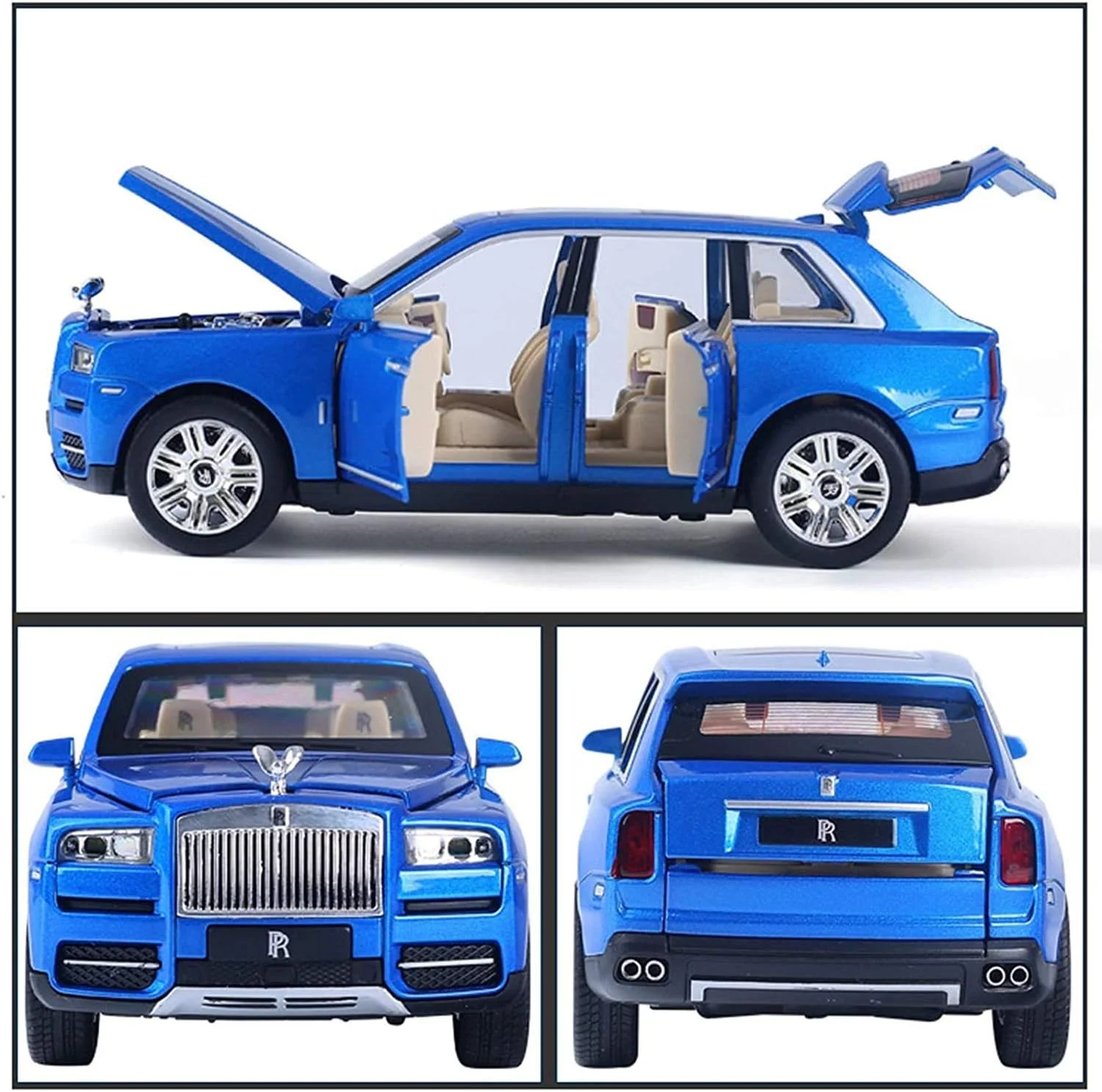مدل ماشین کلاسیک COOLBABY مدل رولز رویس کولینان آلیاژی مقیاس 1:24 با قابلیت باز شدن 6 درب، صدا و نور، عقب کشیدنی، اسباب بازی برای کودکان، بزرگسالان، جعبه هدیه تزئینی (رنگ: آبی)