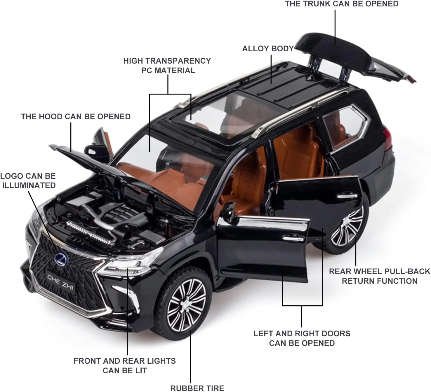 مدل ماشین دایکست مقیاس 1/24 - ماشین اسباب بازی آلیاژ روی با قابلیت عقب کشیدن همراه با صدا و نور، ماشین کلکسیونی برای بزرگسالان، پسران و دختران (مشکی)