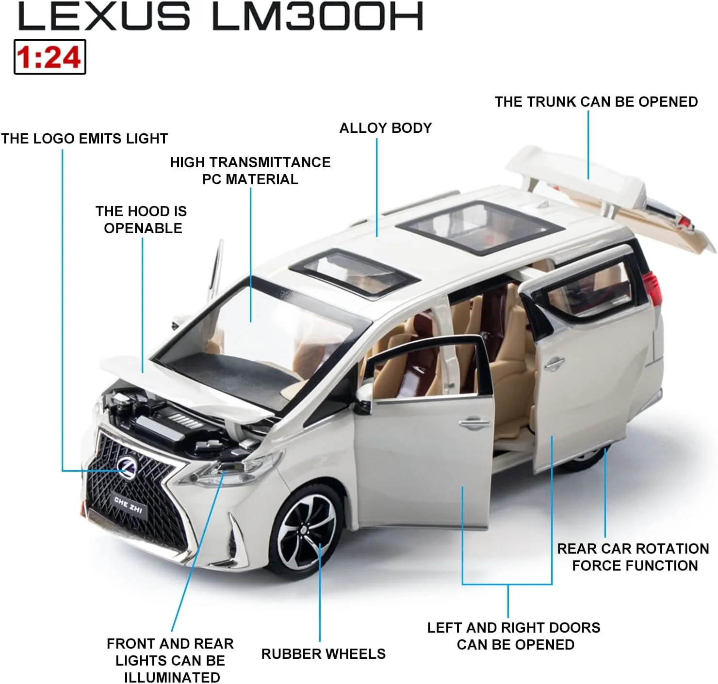 مدل ماشین فلزی دایکست - مدل ماشین مقیاس 1:24 با صدا و نور، مدل ماشین با صدا و نور برای کودکان بالای 3 سال. (سفید)