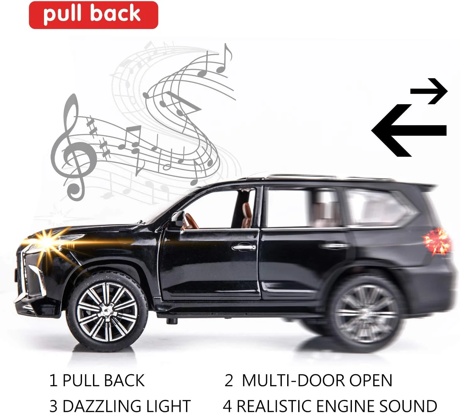 مدل ماشین لکسوس 570 آفرود مقیاس 1/24، ماشین اسباب بازی بزرگ فلزی با قابلیت عقب کشیدن، دارای صدا و نور، مناسب هدیه برای پسران و دختران (مشکی)